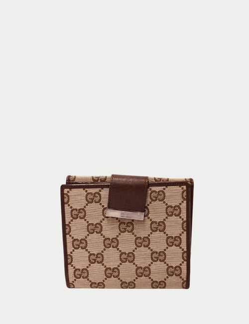 Gucci GG Supreme monogram canvas wallet with brown leather strap