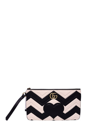 Gucci GG Marmont black and ivory chevron quilted leather wristlet clutch featuring a padded black heart, gold-tone Double G logo, top zipper and leather wrist strap.