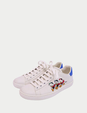 Gucci x Disney Ace white leather sneakers with Huey, Dewey & Louie print and blue heel tab.

