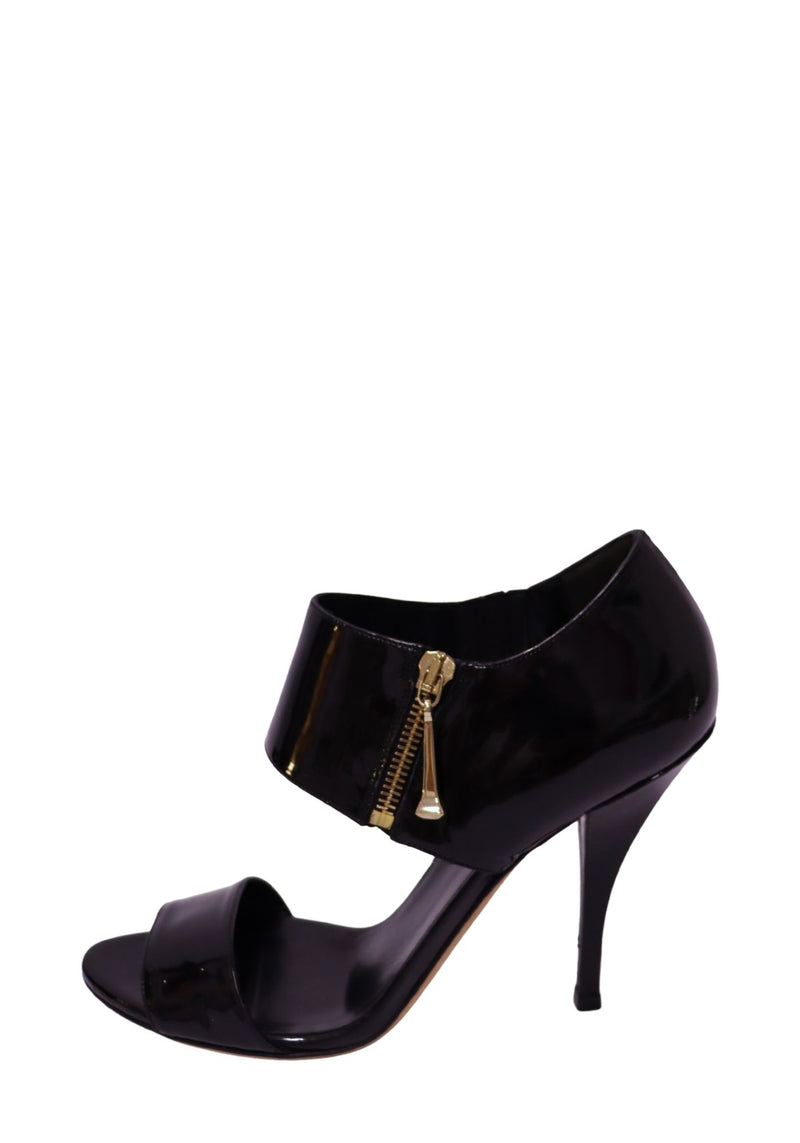 Gucci black patent leather open-toe stiletto heels with wide ankle cuff and gold-tone zipper
