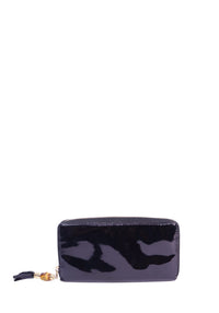 Gucci black patent leather zip-around wallet featuring a glossy finish, gold-tone hardware, and signature bamboo zipper pull detail
