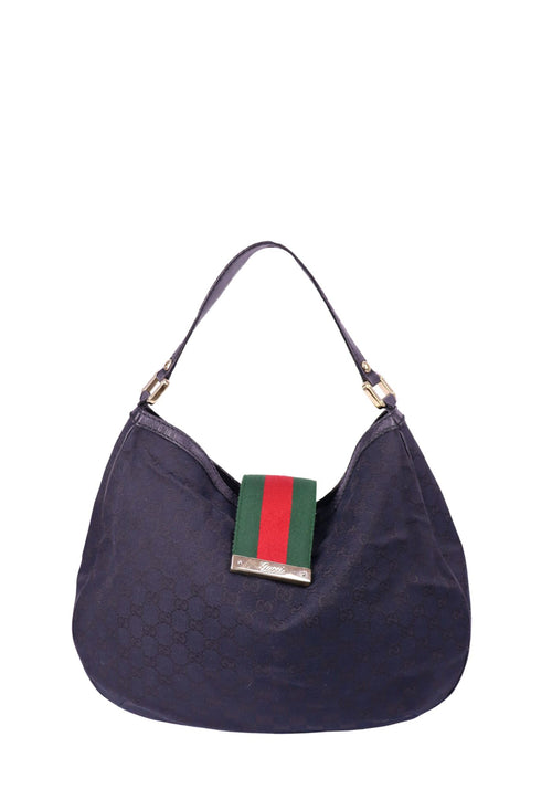 Gucci black GG canvas hobo bag with signature green and red Web stripe and shoulder strap