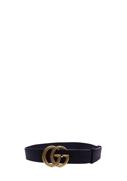 Gucci GG Marmont black leather belt featuring a smooth leather strap, iconic antique gold double G buckle, adjustable fit, and classic designer styling