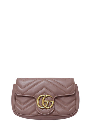 Gucci GG Marmont mini dusty pink leather crossbody bag with chevron matelassé quilting and gold-tone Double G hardware