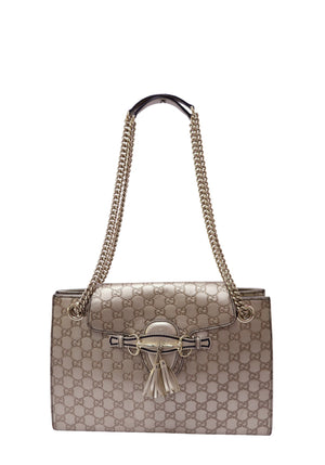 Gucci metallic beige Microguccissima leather shoulder bag with Horsebit detail, tassels and gold-tone chain straps