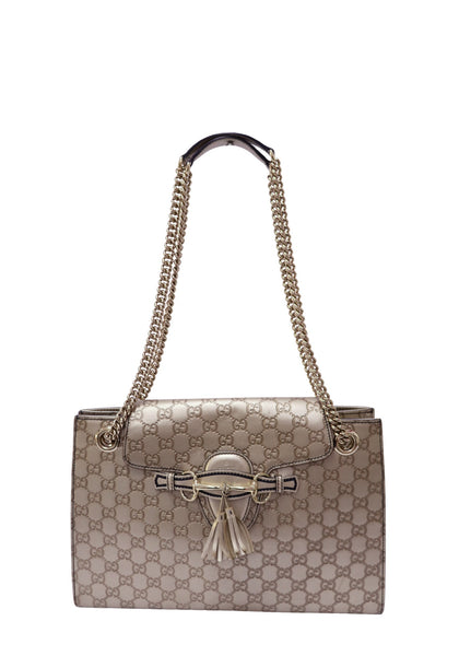 Gucci metallic beige Microguccissima leather shoulder bag with Horsebit detail, tassels and gold-tone chain straps