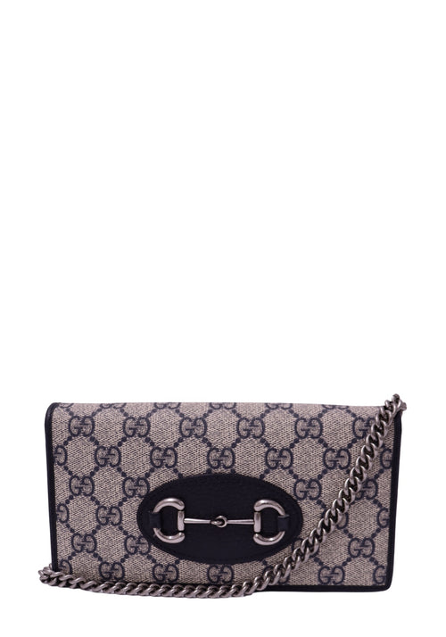 Gucci Horsebit 1955 GG Supreme wallet on chain with dark leather trim and silver-tone Horsebit hardware