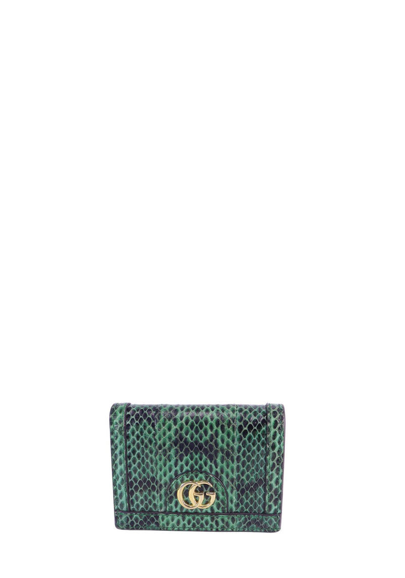 Gucci GG Marmont wallet in green python leather with gold Double G logo hardware and exotic snakeskin texture.