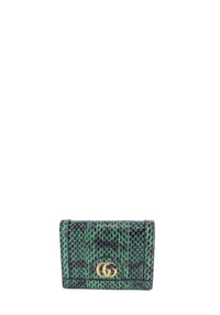 Gucci GG Marmont wallet in green python leather with gold Double G logo hardware and exotic snakeskin texture.