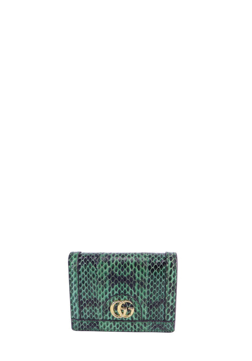 Gucci GG Marmont wallet in green python leather with gold Double G logo hardware and exotic snakeskin texture.