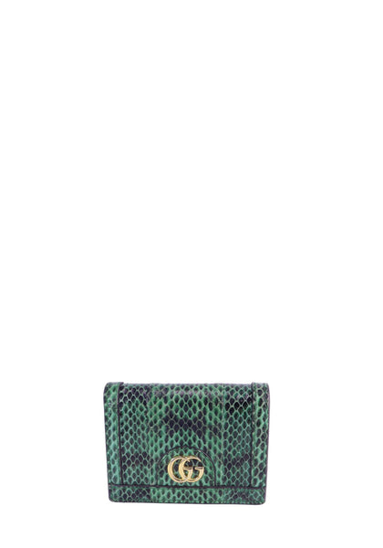 Gucci GG Marmont wallet in green python leather with gold Double G logo hardware and exotic snakeskin texture.