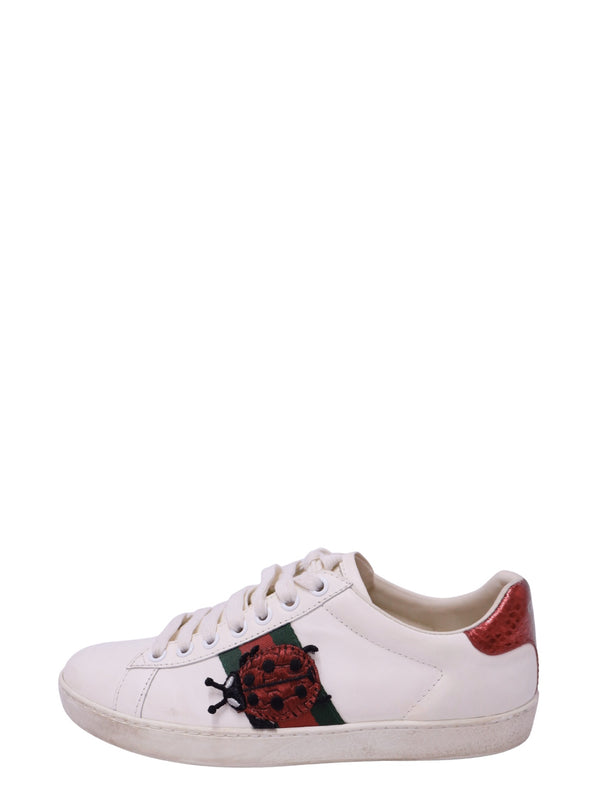 Gucci Ace Ladybug white leather sneaker with green and red Web stripe and metallic red heel