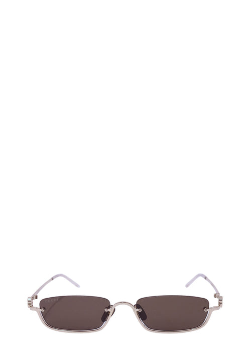 Gucci rimless rectangular sunglasses with brown tinted lenses and silver-tone metal frame