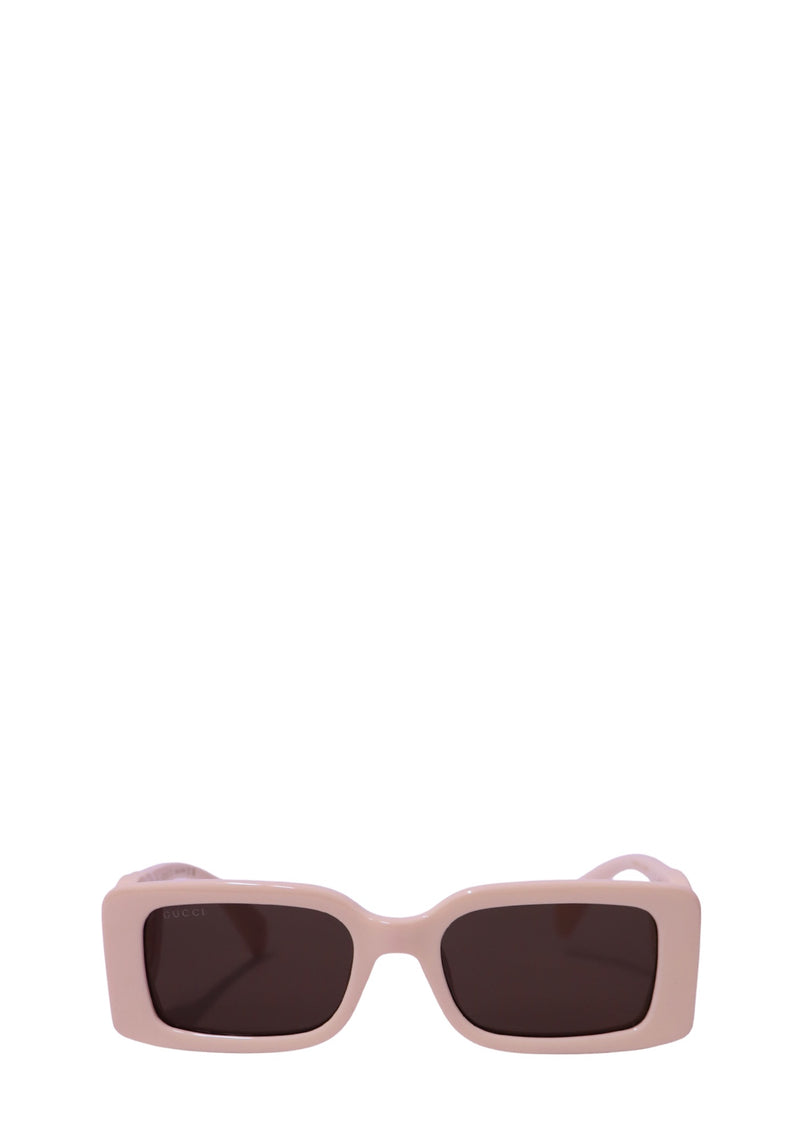 Authentic Gucci Blondie ivory acetate square sunglasses featuring oversized Interlocking G logo temples and dark grey lenses.