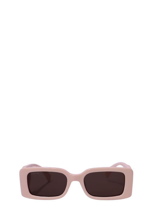 Authentic Gucci Blondie ivory acetate square sunglasses featuring oversized Interlocking G logo temples and dark grey lenses.