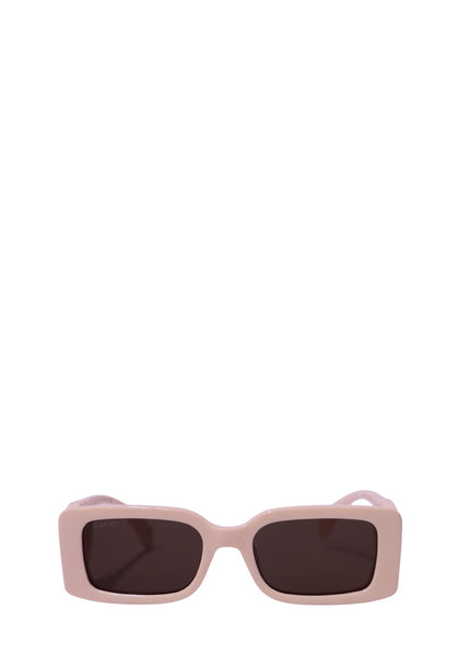 Authentic Gucci Blondie ivory acetate square sunglasses featuring oversized Interlocking G logo temples and dark grey lenses.