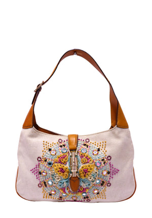 Gucci beige canvas Jackie shoulder bag with tan leather trim, multicolor embroidery, beadwork and piston closure