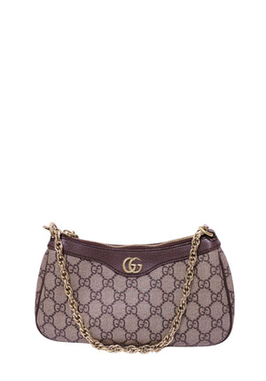 Gucci beige and ebony GG Supreme canvas shoulder bag with green and red Web strap and brown leather trim