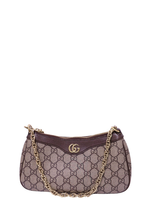 Gucci beige and ebony GG Supreme canvas shoulder bag with green and red Web strap and brown leather trim