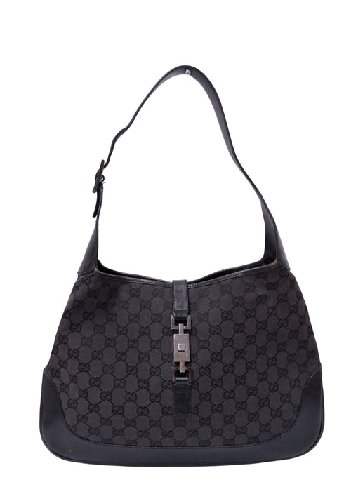 Gucci Jackie black GG monogram canvas shoulder bag with leather trim and silver-tone piston-lock closure