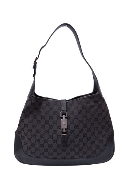 Gucci Jackie black GG monogram canvas shoulder bag with leather trim and silver-tone piston-lock closure