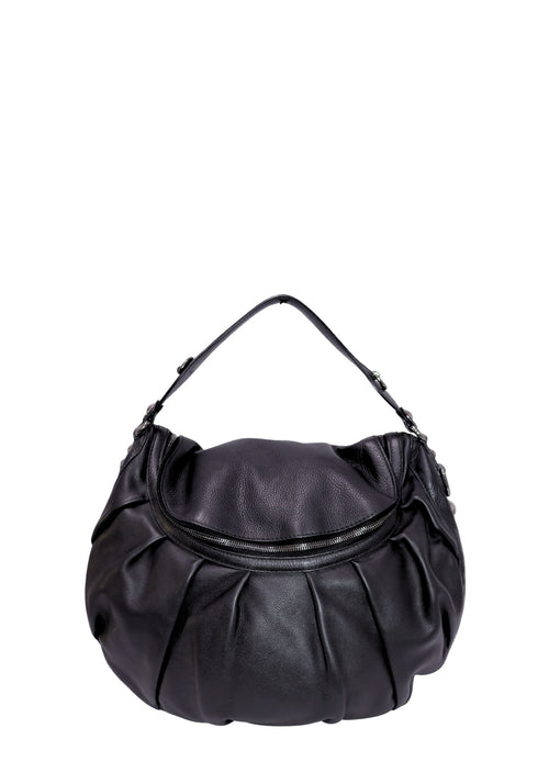 Gucci black leather pleated hobo shoulder bag featuring a soft gathered silhouette, silver-tone hardware, zip-top closure, top handle, and detachable shoulder strap.