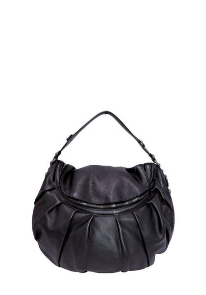 Gucci black leather pleated hobo shoulder bag featuring a soft gathered silhouette, silver-tone hardware, zip-top closure, top handle, and detachable shoulder strap.