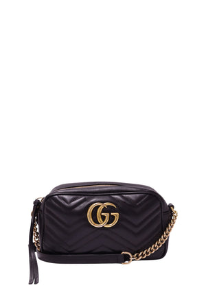 Gucci GG Marmont black matelassé leather mini camera bag with gold Double G hardware