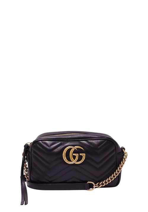 Gucci GG Marmont black matelassé leather mini camera bag with gold Double G hardware