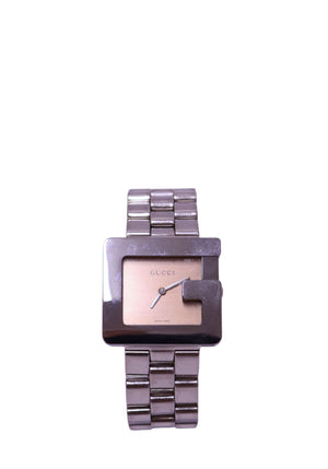 Gucci G-Frame silver stainless steel bracelet watch with G-shaped case and champagne square dial
