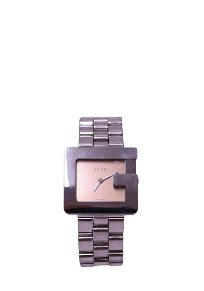 Gucci G-Frame silver stainless steel bracelet watch with G-shaped case and champagne square dial