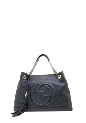 Gucci Soho black pebbled leather shoulder bag with embossed GG logo and tassel detail
