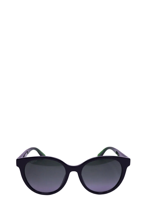 Gucci round black sunglasses with green and red web stripe arms and gold GG logo detail
