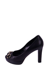 Gucci black leather platform pumps with gold-tone horsebit hardware and peep toe design.