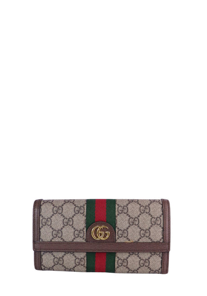 Gucci Ophidia GG continental wallet in beige GG Supreme canvas with brown leather trim, green and red Web stripe, and gold Double G logo.