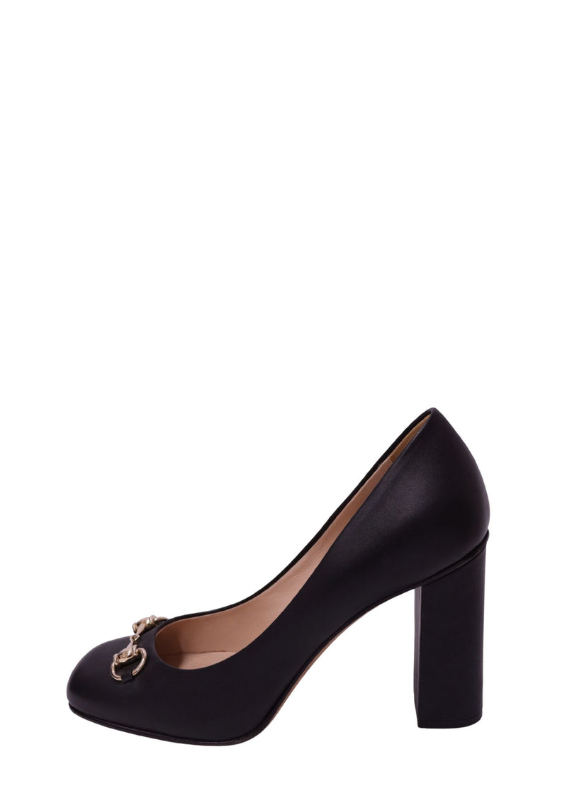 Gucci black leather Horsebit pumps with gold-tone hardware and high block heel