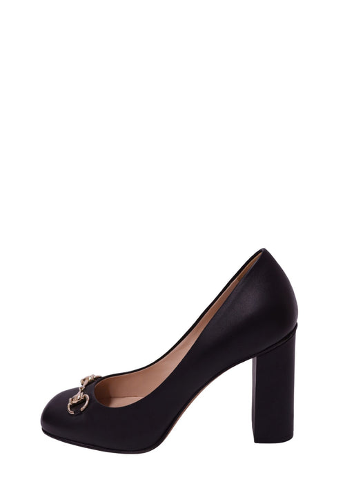 Gucci black leather Horsebit pumps with gold-tone hardware and high block heel