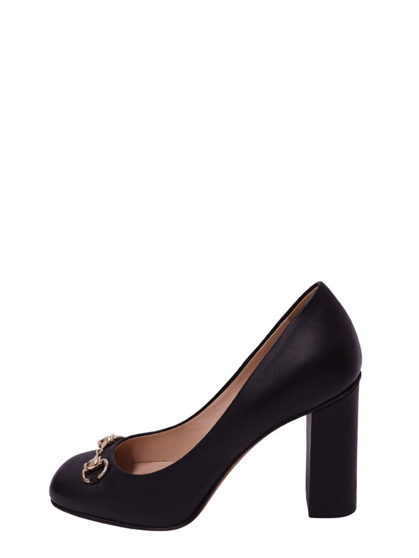 Gucci black leather Horsebit pumps with gold-tone hardware and high block heel
