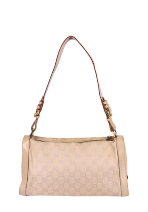 Gucci beige GG monogram canvas shoulder bag with leather trim and strap