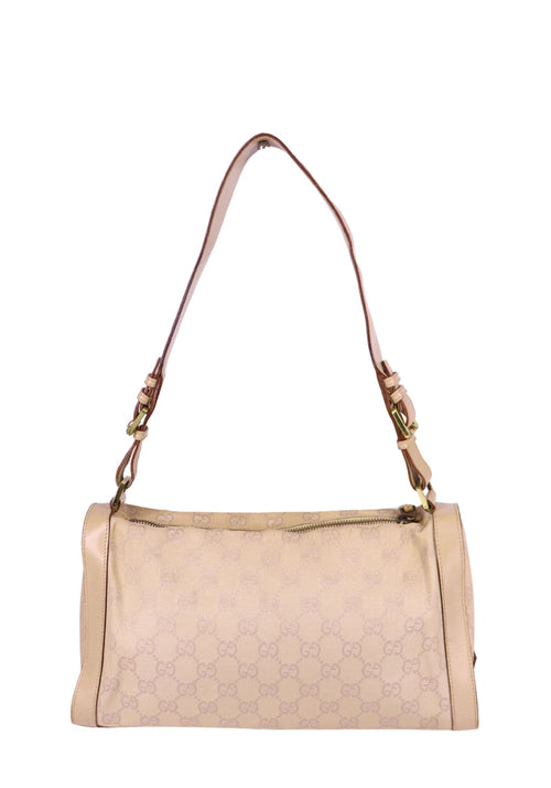 Gucci beige GG monogram canvas shoulder bag with leather trim and strap