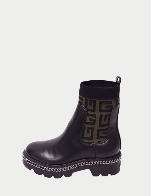 Guess black leather ankle boots with khaki logo knit panel and silver chain trim sole