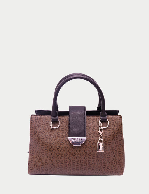 Guess brown monogram handbag with black handles, silver logo plate, and detachable Guess “G” charm