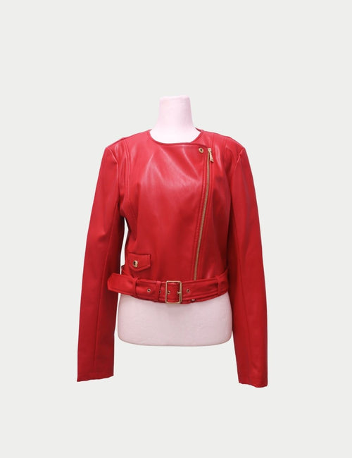 Guess red faux leather biker jacket with gold zipper and belted waist