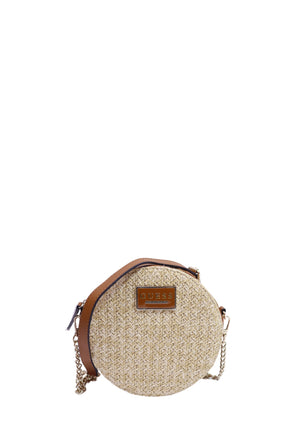 Guess woven straw round crossbody bag with tan faux leather trim, gold-tone logo plaque, and zip-around closure.