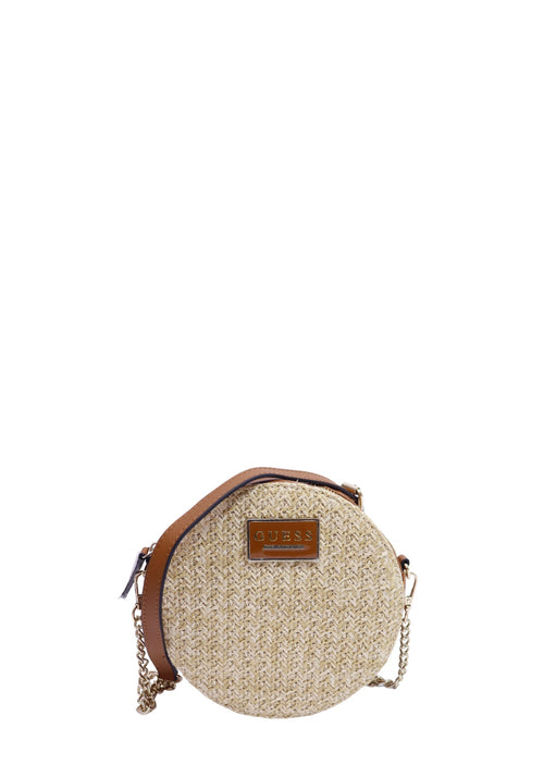 Guess woven straw round crossbody bag with tan faux leather trim, gold-tone logo plaque, and zip-around closure.