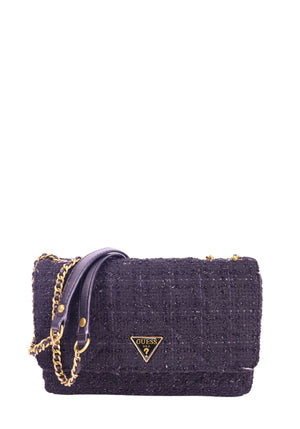 Guess black tweed shoulder bag with flap closure, gold-tone chain strap, and signature triangle logo detail, textured finish