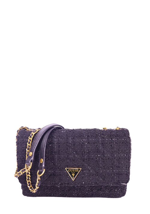 Guess black tweed shoulder bag with flap closure, gold-tone chain strap, and signature triangle logo detail, textured finish