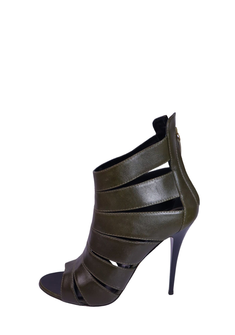 Giuseppe Zanotti dark olive leather cage sandal heels with cutout strap detailing, open toe design, and slim stiletto heels.