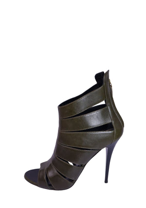 Giuseppe Zanotti dark olive leather cage sandal heels with cutout strap detailing, open toe design, and slim stiletto heels.