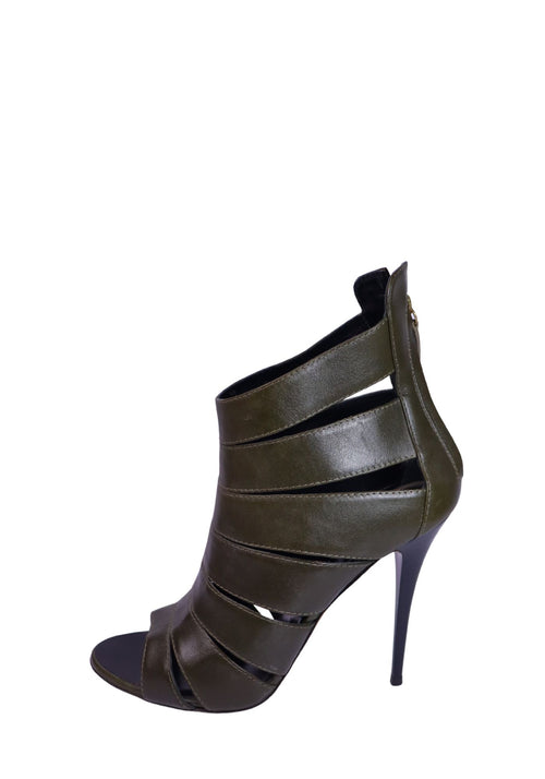Giuseppe Zanotti dark olive leather cage sandal heels with cutout strap detailing, open toe design, and slim stiletto heels.
